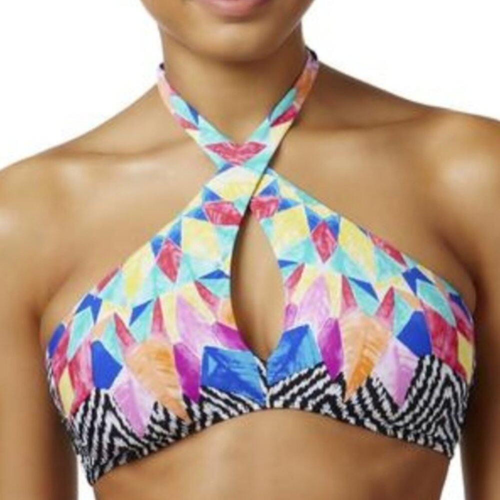 Bar III Feathered Daze Crossover High Neckline Swim / Bikini Top - Medium - NWT